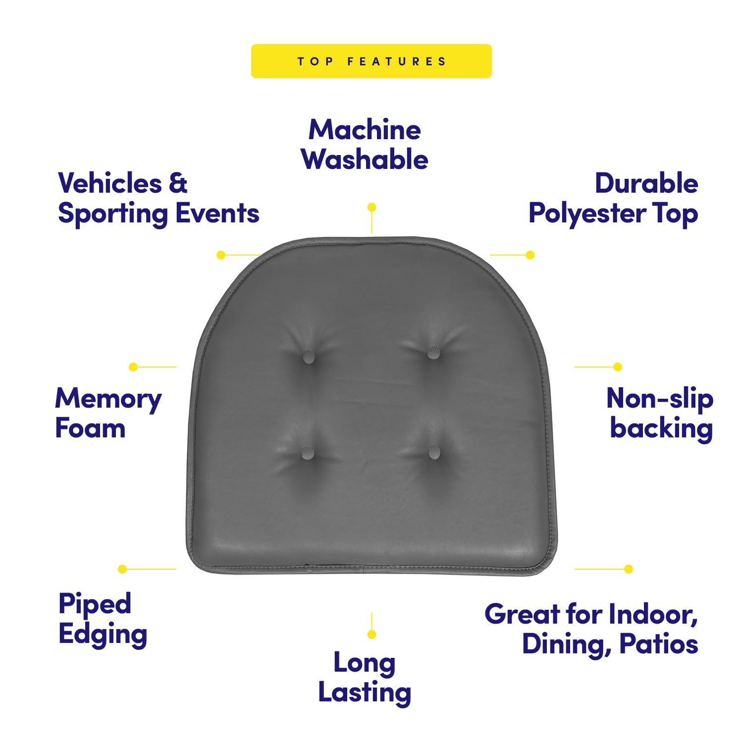 Sweet Home Collection Chair Cushion Memory Foam Pads Tufted Slip Non Skid Rubber Back U-Shaped 17" x 16" Seat Cover, 6 Pack, Faux Leather Gray Faux Leather Gray 6 Pack U1