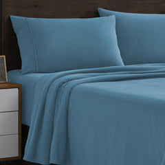 Flannel Sheets Queen Size Warm and Cozy Deep Pocket Breathable All Season Bedding Set with Fitted with Full Elastic & Built in Corner Sheet Straps, Flat and Pillowcases, Queen, Denim Denim Blue Queen U1