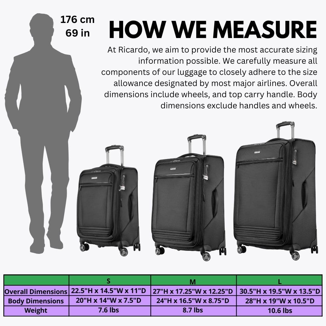 Ricardo Beverly Hills Avalon Softside Carry-On Luggage Made with Sustainable 100% Recycled PET (rPET), Lightweight, Eco-Friendly Travel, Expandable, Dual Spinner Wheels, Black, 20-inch U2