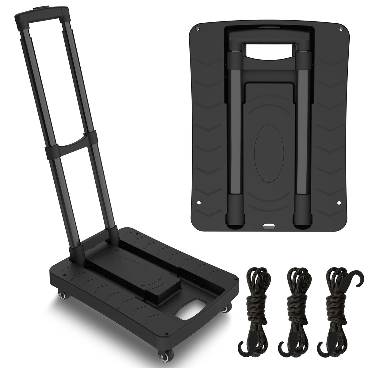 Folding Hand Truck, Portable Push Cart & Luggage Dolly Cart with 2 Braking Swivel Wheels and 3 Bungee Cords for Backpack, Travel, Moving, and Office Use U1