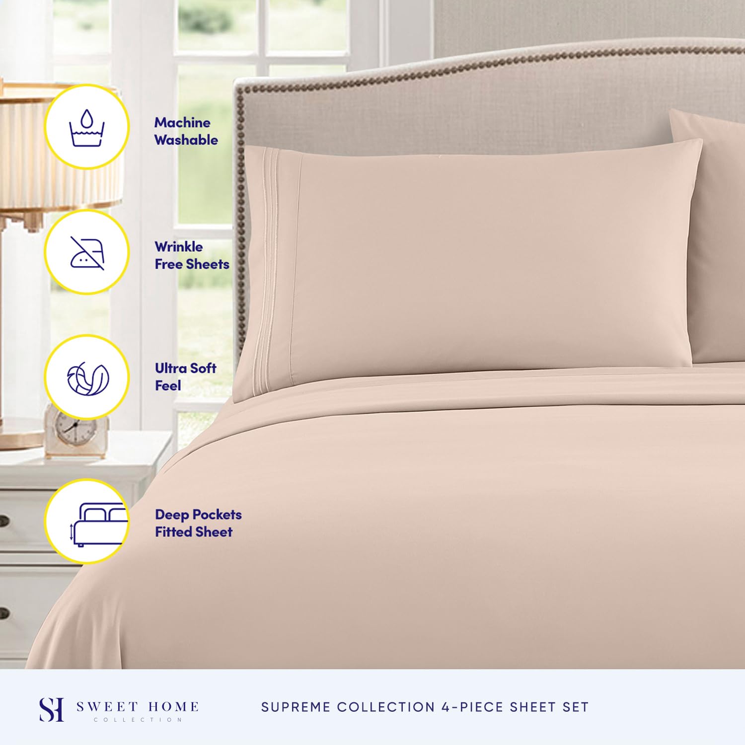 King Size Sheets - Breathable Luxury Bed Sheets with Full Elastic & Secure Corner Straps Built In - 1800 Supreme Collection Extra Soft Deep Pocket Bedding, Sheet Set, EXTRA DEEP pocket - King, Beige Beige EXTRA DEEP pocket - King U3