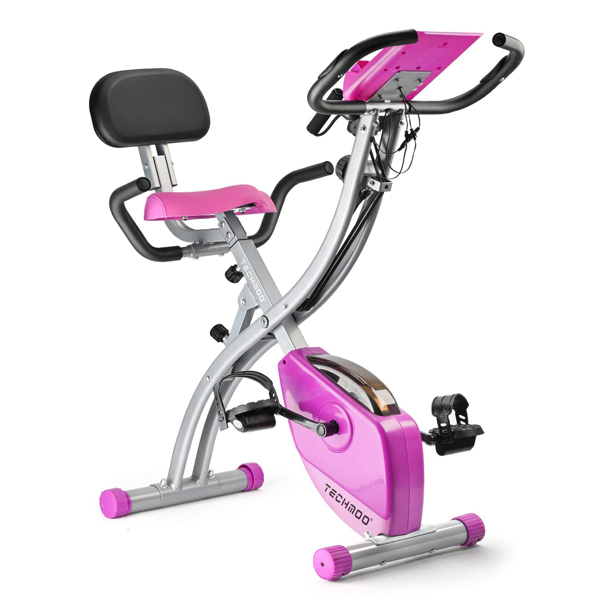 Folding Exercise Bike Portable Upright Adjustable Backrest Cycling Recumbent Stationary Bike Slim Indoor Workout Fitness Cardio Foldable Exercise Bicycle Machine with Pulse Sensor LCD Monitor Arm Backrest-Purple Bike Backrest-Purple Bike U1
