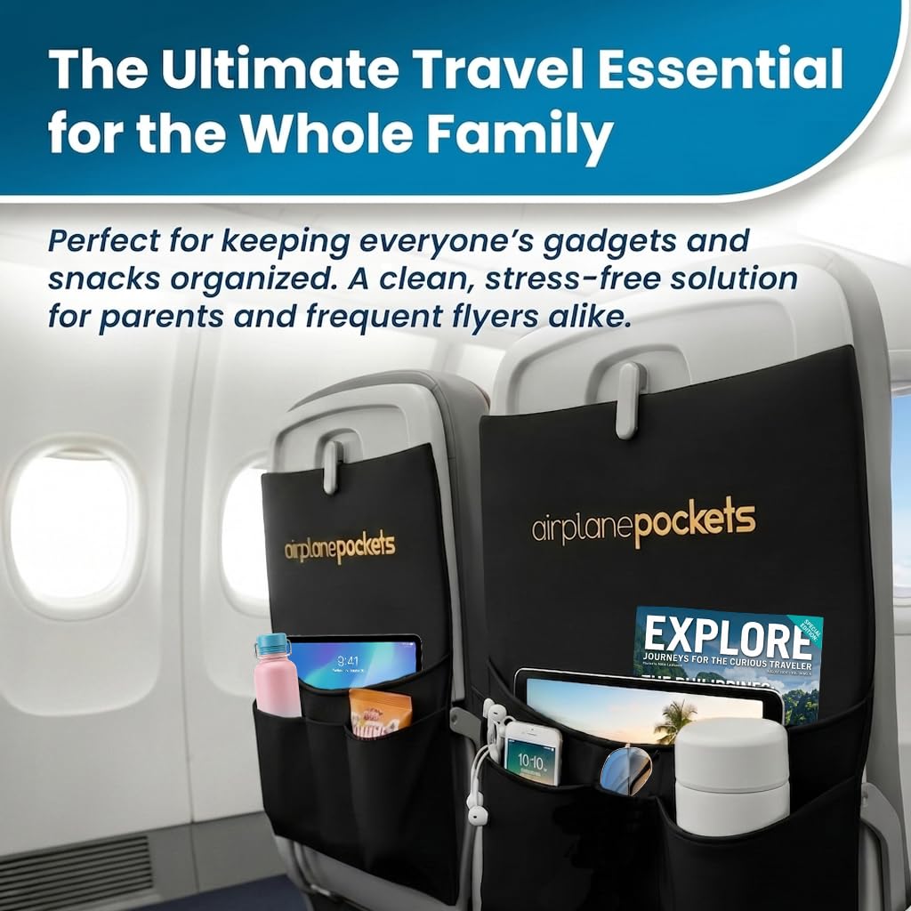 Airplane Pockets - Airplane Accessories - Plane Travel Essentials - Travel Organizer - Seat Storage Organizer - Air Travel Essentials - Seatback Organizer - International Travel Accessories Must Haves Black  U4