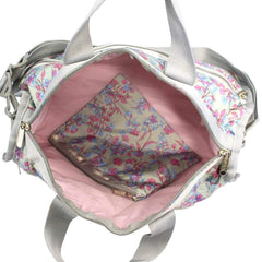 LeSportsac Laelia Mint Medium Weekender Crossbody Bag + Cosmetic Bag, Style 7184/Color F427, Celadon Mint Green Bag w Multi-color Laelia Orchids U1