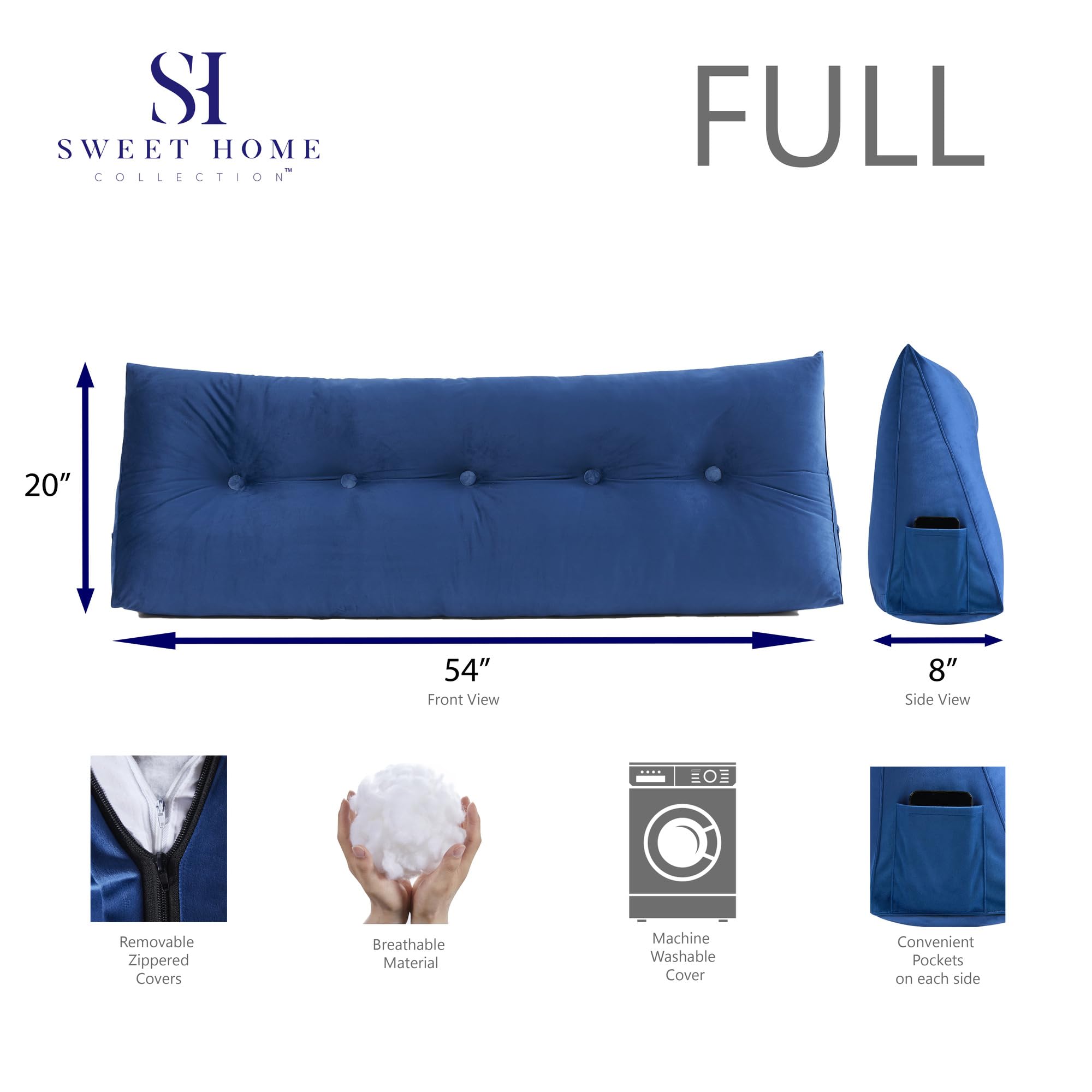 Sweet Home Collection Wedge Pillow Headboard - Bed Wedge Pillow for Headboard - Large & Versatile Triangle Cushion Reading Support Pillow, Full - 54", Blue Blue Full - 54" U1