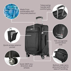 Ricardo Beverly Hills Avalon Softside Carry-On Luggage Made with Sustainable 100% Recycled PET (rPET), Lightweight, Eco-Friendly Travel, Expandable, Dual Spinner Wheels, Black, 20-inch U2