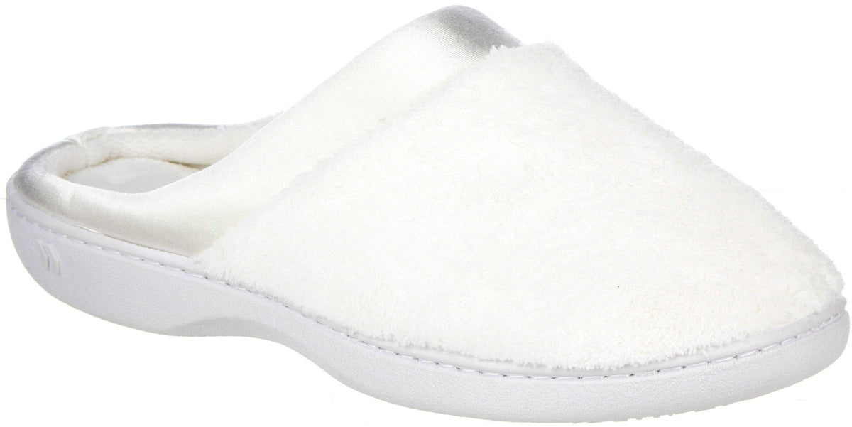 isotoner Women's Microterry PillowStep Satin Cuff Clog Slippers, White, 6.5-7 B(M) US White 6.5-7 U1