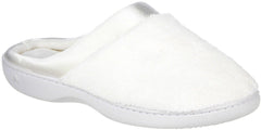 isotoner Women's Microterry PillowStep Satin Cuff Clog Slippers, White, 5.5-6 B(M) US White 5-6 U2