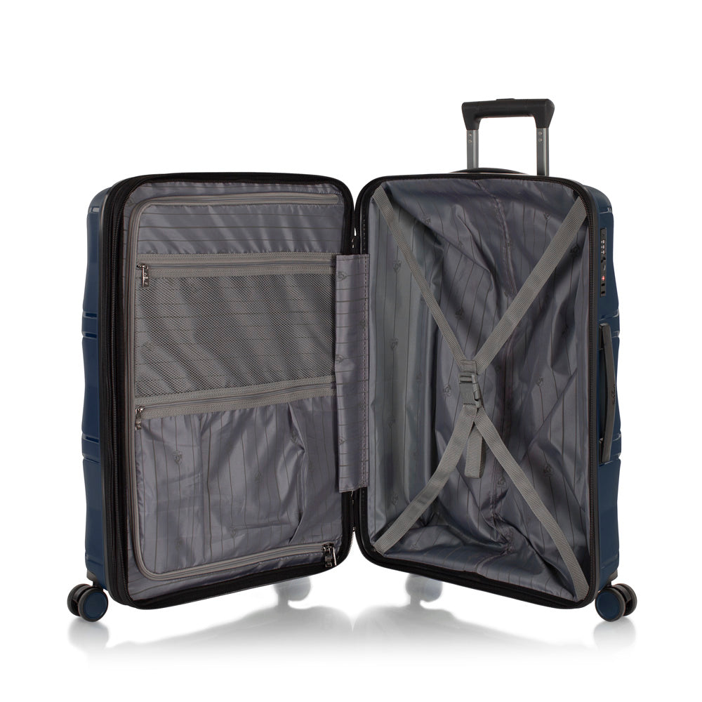 Heys Milos Durable and lightweight luggage, made with Duraflex impact-resistant material, TSA Combination Lock, Dual Spinner Wheels, and Expandable ( Navy , 26-Inch Checked-Medium ) Navy 26 Inch Checked Medium U1