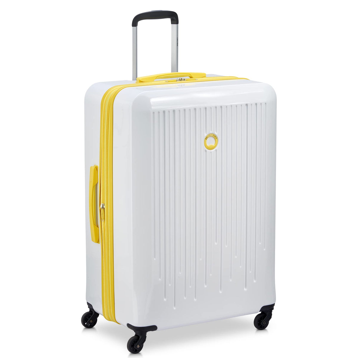 Delsey Paris Christine Hardside Expandable Luggage with Spinner Wheels ( White with Yellow Trim , Checked-Large 28 Inch ) White with Yellow Trim Checked Large 28 Inch U3