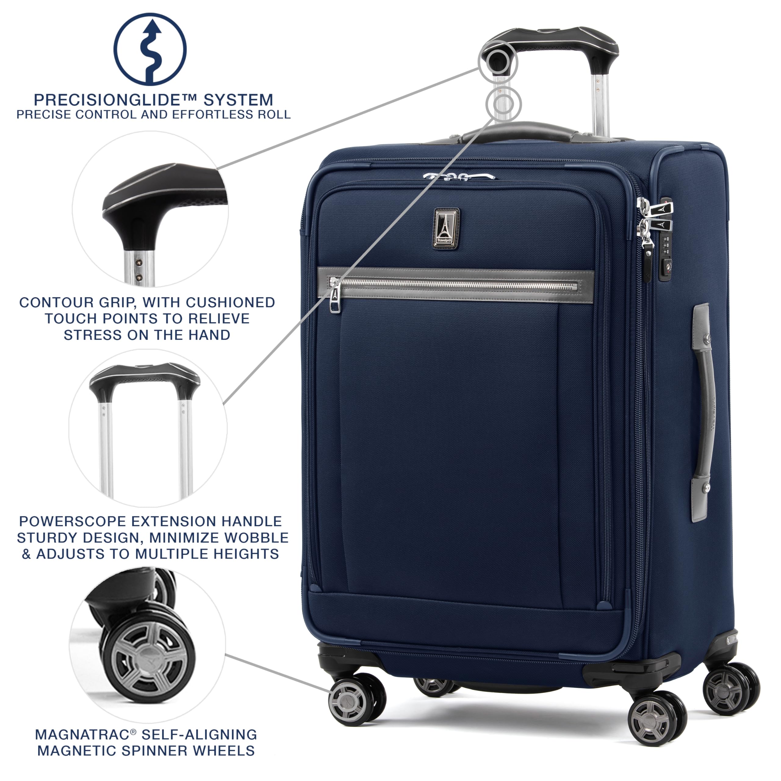 Travelpro Platinum Elite Softside Expandable Checked Luggage, 8 Wheel Spinner Large Suitcase, TSA Lock, Men and Women ( Dark Blue , Checked-Medium 25-Inch ) Dark Blue Checked Medium 25 Inch U9