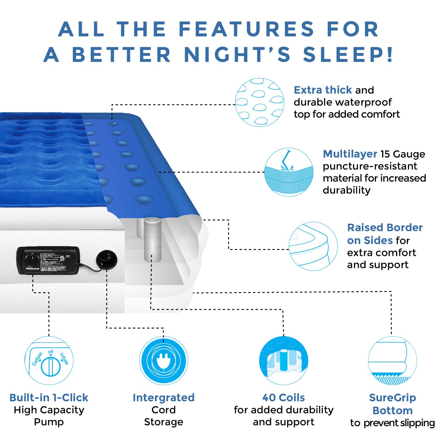 SoundAsleep Products Dream Series Luxury Air Mattress, ComfortCoil Technology, Built-in High Capacity Pump for Home, Camping- Double Height, Adjustable, Inflatable Blow Up, Portable (Twin Size) Blue Twin U1