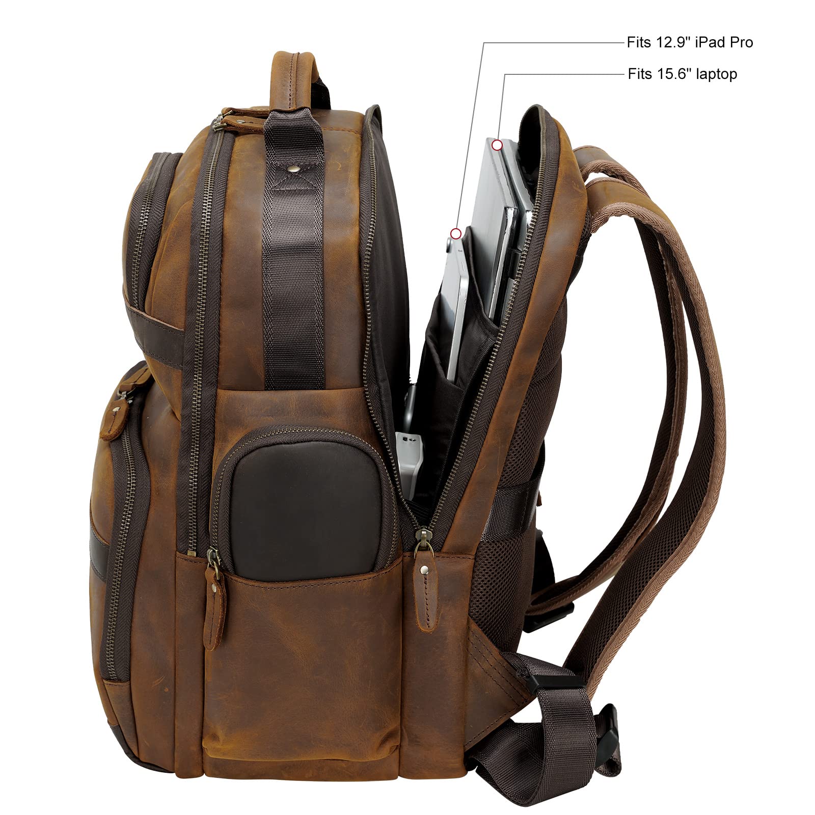 TIDING Men's Vintage Leather Backpack 15.6" Laptop Bag Large Capacity Business Travel Hiking Shoulder Daypacks Brown(fits 15.6" Laptop) X-Large U1