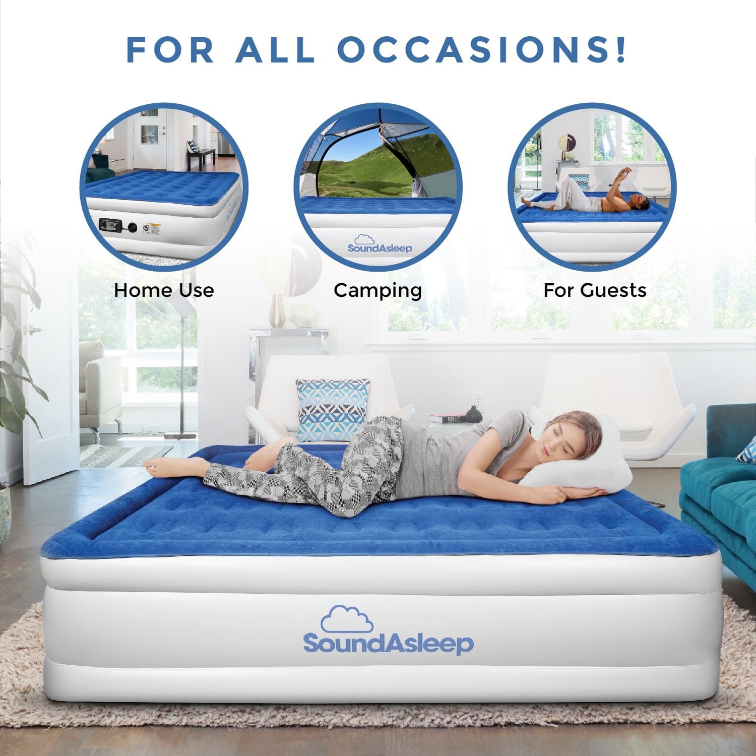 SoundAsleep Dream Series Luxury Air Mattress with ComfortCoil Technology & Built-in High Capacity Pump for Home & Camping- Double Height, Adjustable, Inflatable Blow Up, Portable - King Size Blue King U1