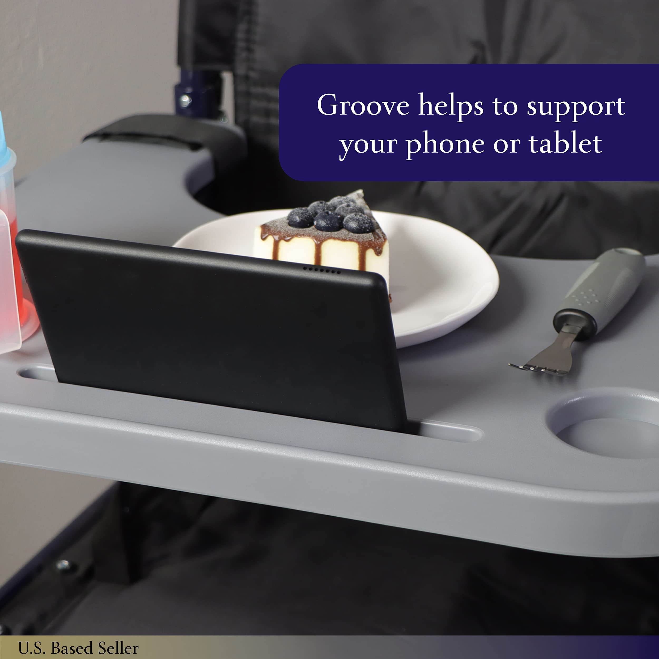 Mondo Medical Gray Strap On Wheelchair Tray Table Attachment for 18 to 20in Wide Wheelchair - Removable Electric Wheelchair Accessories for Adults with Cup Holder and Phone Groove U2