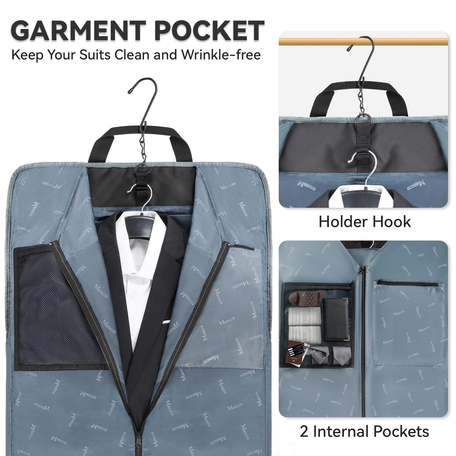 Mancro Garment Bags for Travel, Large Travel Suit Bag for Men Women with Shoulder Strap, Wrinkle Free Carry On Garment Bags for Hanging Clothes, Business Foldable Hanging Luggage Bag for Travel, Black U1