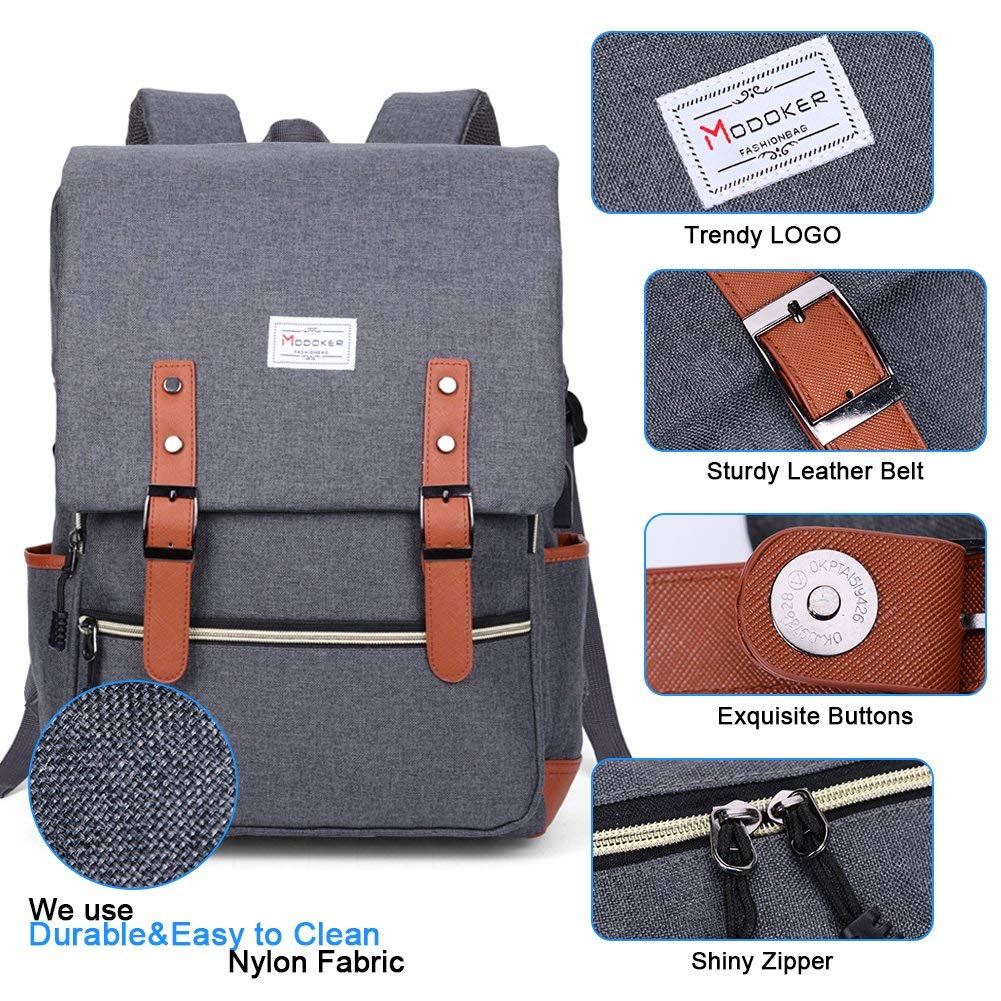 Modoker Vintage Laptop Backpack for Women Men,Travel Backpacks with USB Charging Port Fashion Backpack Fits 15.6Inch Notebook, Grey Grey 15.6 inch U1