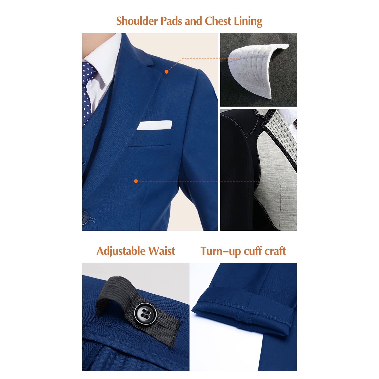 Plavict Boys' Suits Slim Fit 5 Piece, Adjustable Waist, Boys Formal Set Blue U1