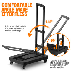 Folding Hand Truck, Portable Push Cart & Luggage Dolly Cart with 2 Braking Swivel Wheels and 3 Bungee Cords for Backpack, Travel, Moving, and Office Use U1