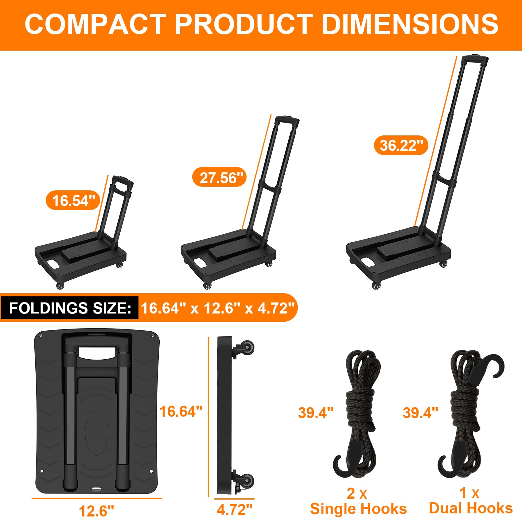 Folding Hand Truck, Portable Push Cart & Luggage Dolly Cart with 2 Braking Swivel Wheels and 3 Bungee Cords for Backpack, Travel, Moving, and Office Use U1