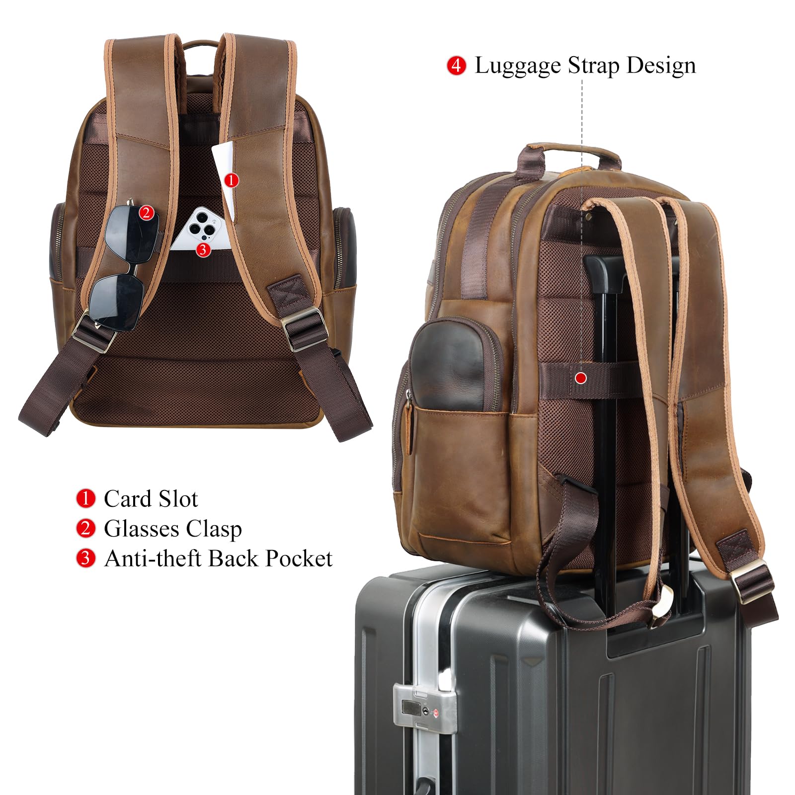 TIDING Men's Vintage Leather Backpack 15.6" Laptop Bag Large Capacity Business Travel Hiking Shoulder Daypacks Brown(fits 15.6" Laptop) X-Large U1