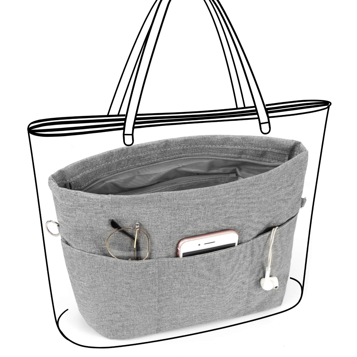 VANCORE Purse Bag Organizer Insert with 13 Pockets, Handbag and Tote Bag Inside Shaper with Zipper (Grey, Small) U1