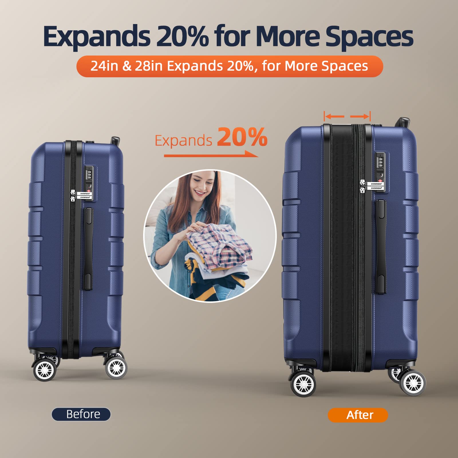 SHOWKOO Luggage Sets Expandable PC+ABS Durable Suitcase Double Wheels TSA Lock Blue Blue 20in24in28in U1