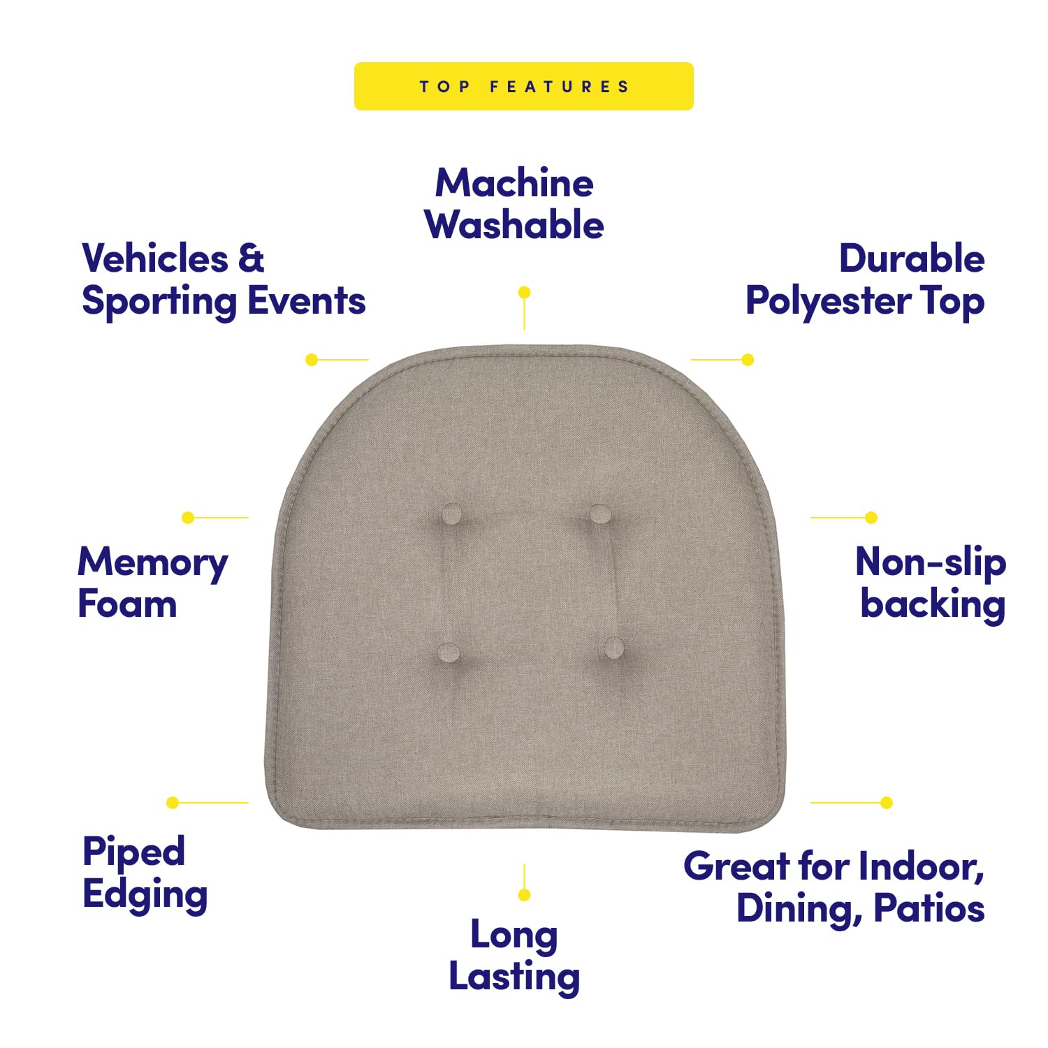 Sweet Home Collection Chair Cushion Memory Foam Pads Tufted Slip Non Skid Rubber Back U-Shaped 17" x 16" Seat Cover, 6 Count (Pack of 1), Khaki Gray Khaki Gray 6 Pack U1