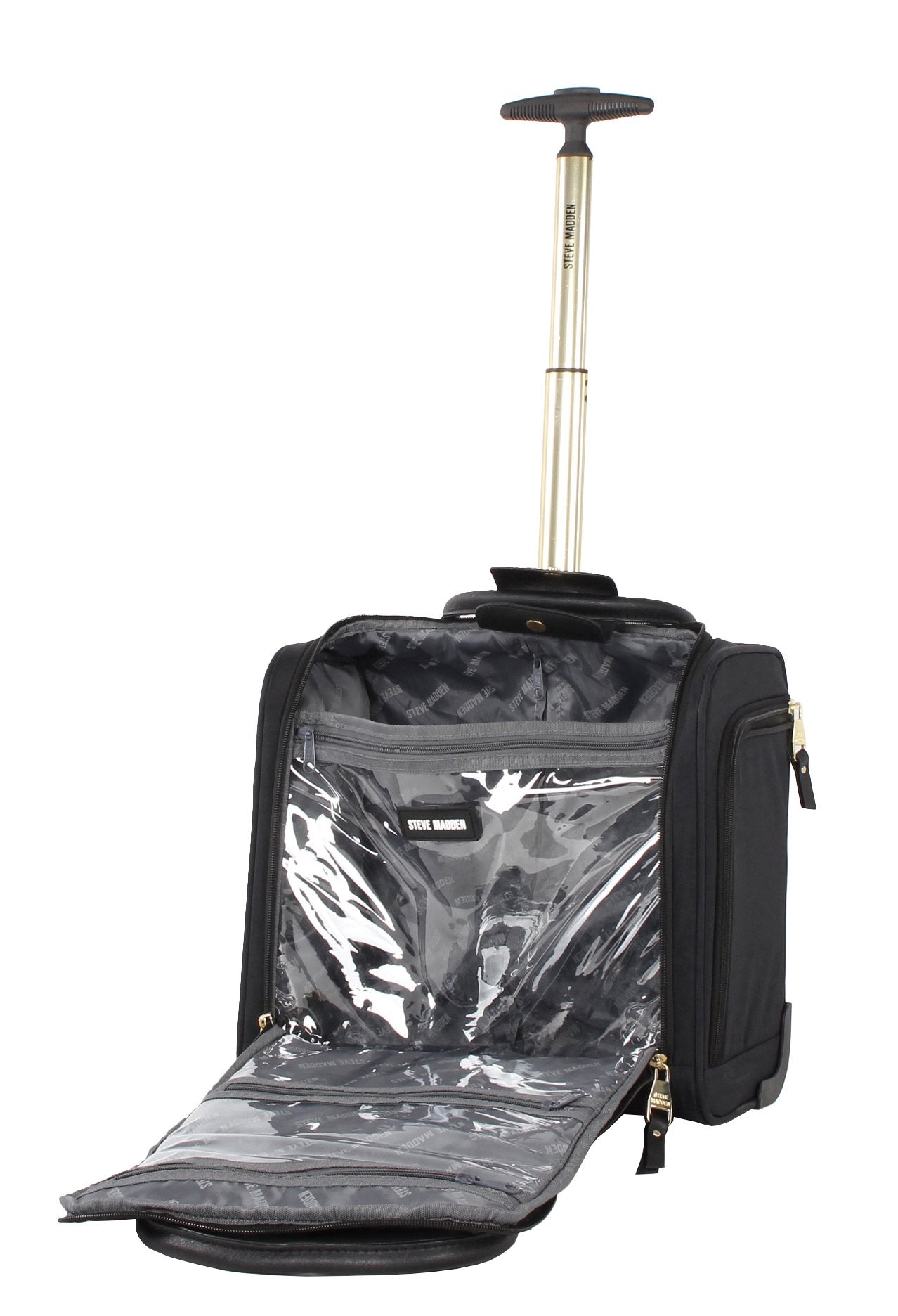 steve madden Designer 15 Inch Carry on Suitcase- Small Weekender Overnight Business Travel Luggage- Lightweight 2- Rolling Spinner Wheels Under Seat Bag for Women (Peek-A-Boo Black) Peek-A-Boo Black One_Size U1