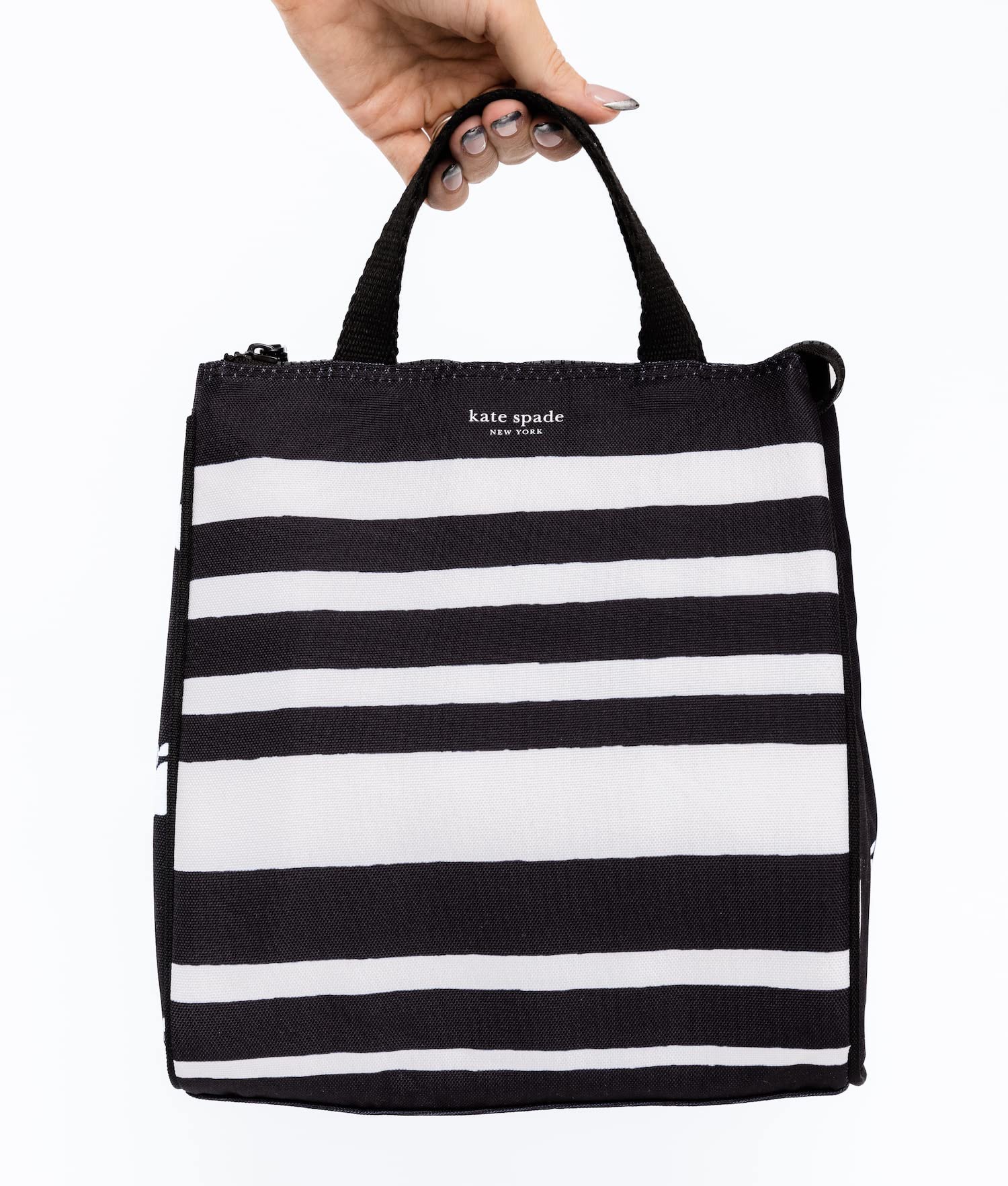Kate Spade New York Black Portable Soft Cooler Lunch Bag, Thermal Tote with Silver Insulated Interior Lining and Storage Pocket, Sarah Stripe Sarah Stripe M U1