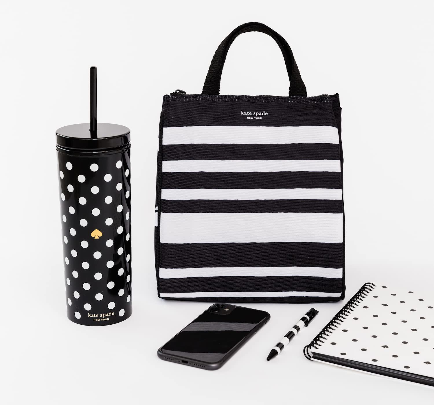 Kate Spade New York Black Portable Soft Cooler Lunch Bag, Thermal Tote with Silver Insulated Interior Lining and Storage Pocket, Sarah Stripe Sarah Stripe M U1