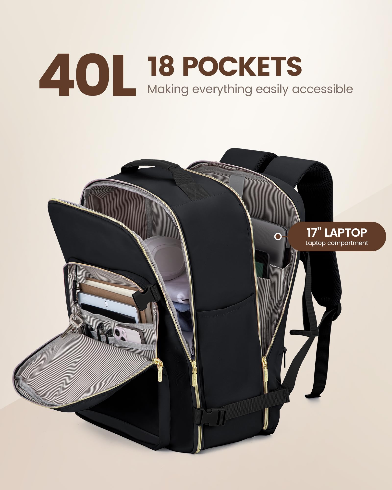 LOVEVOOK Travel Backpack for Women & Men 40L,Airline Approved Carry On Backpack Travel Essentials,TSA Carry on Luggage,Waterproof Personal Item Travel Bag,Suitcase with 3 Packing Cubes,Black-Black Black-black Large-40L-4Pcs U1