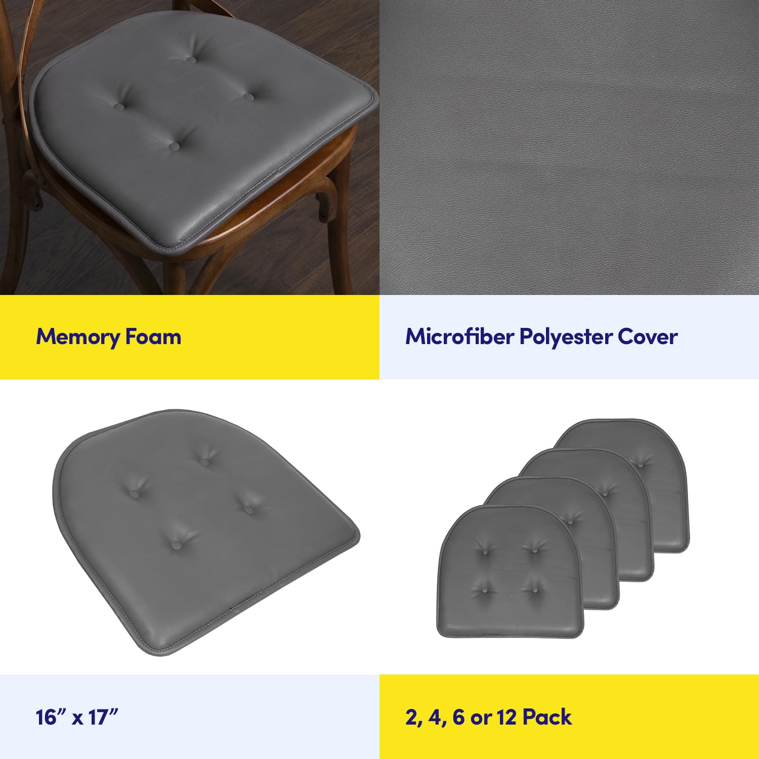 Sweet Home Collection Chair Cushion Memory Foam Pads Tufted Slip Non Skid Rubber Back U-Shaped 17" x 16" Seat Cover, 6 Pack, Faux Leather Gray Faux Leather Gray 6 Pack U1