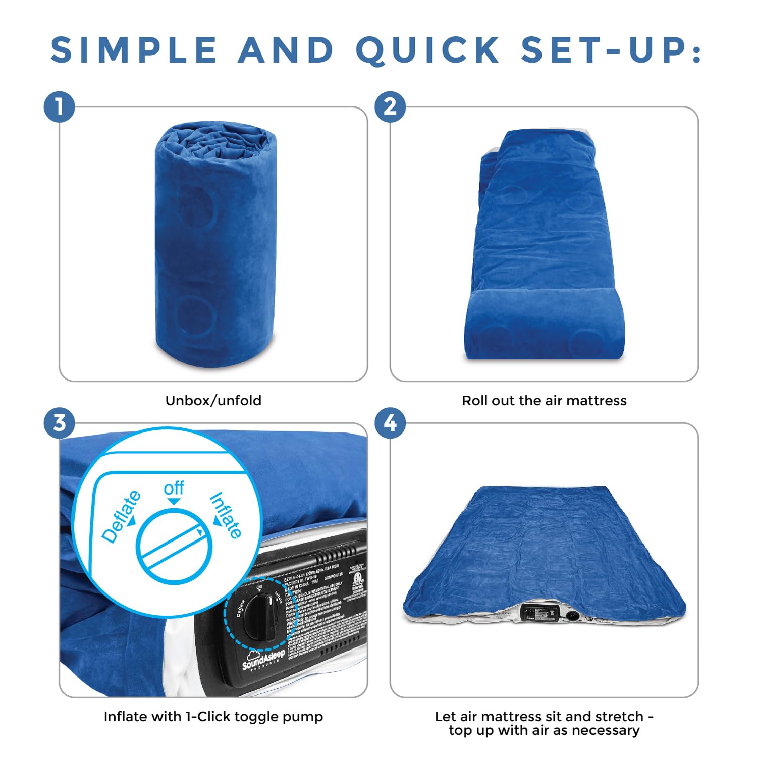 SoundAsleep Dream Series Luxury Air Mattress with ComfortCoil Technology & Built-in High Capacity Pump for Home & Camping- Double Height, Adjustable, Inflatable Blow Up, Portable - King Size Blue King U1