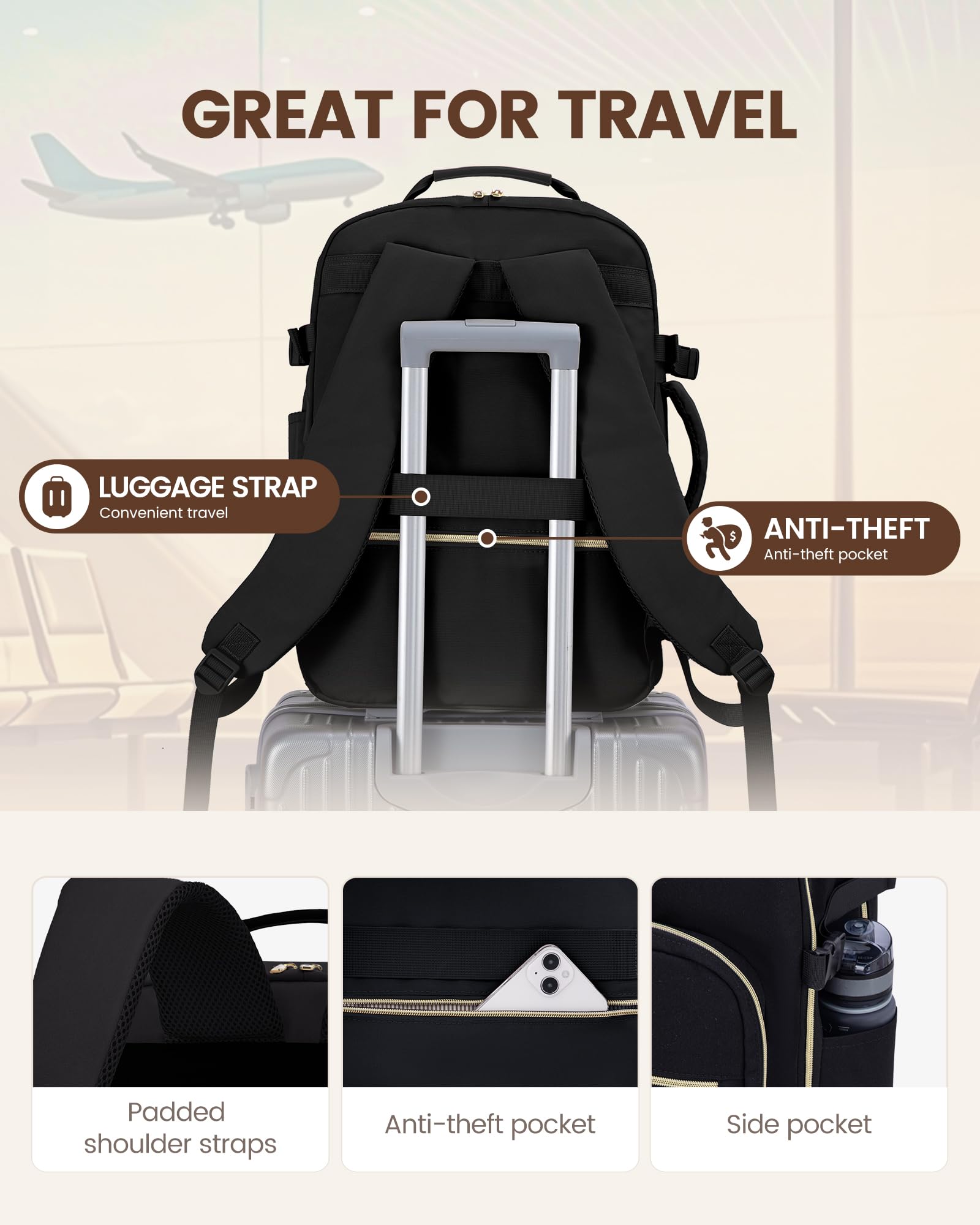 LOVEVOOK Travel Backpack for Women & Men 40L,Airline Approved Carry On Backpack Travel Essentials,TSA Carry on Luggage,Waterproof Personal Item Travel Bag,Suitcase with 3 Packing Cubes,Black-Black Black-black Large-40L-4Pcs U1