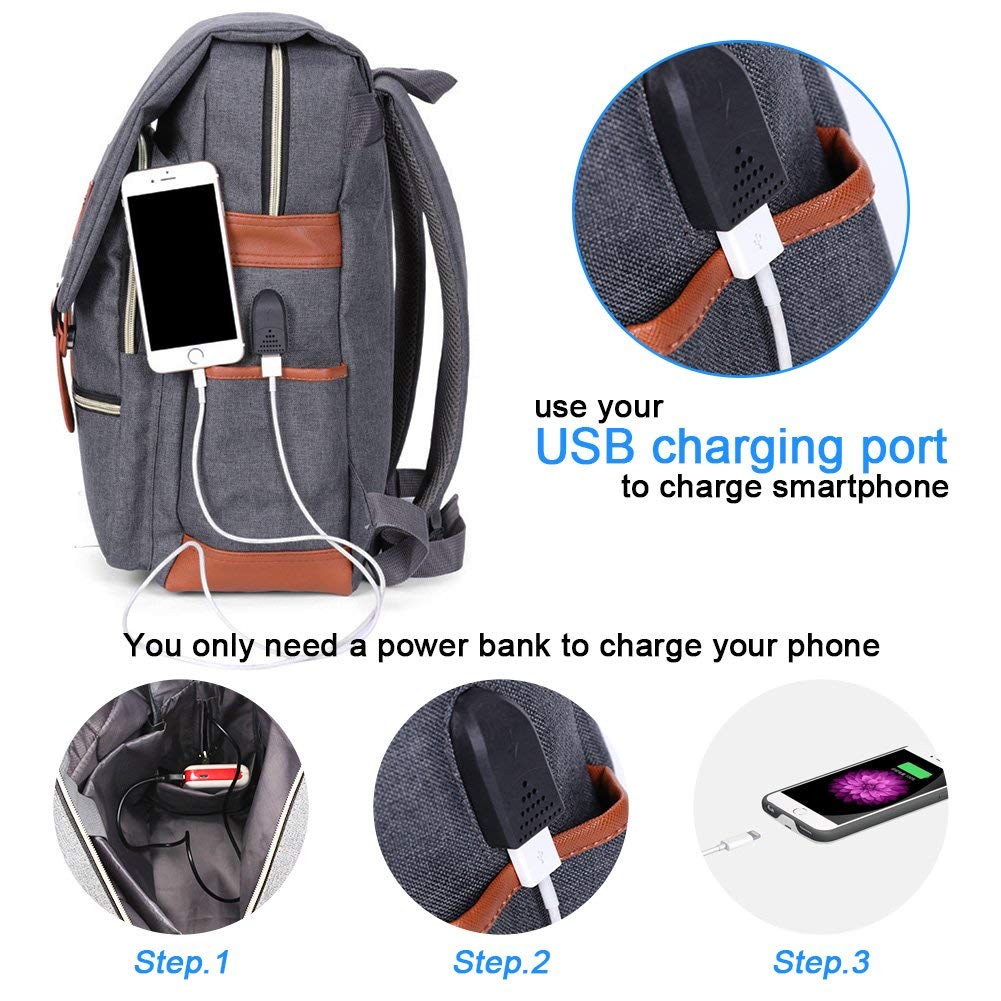 Modoker Vintage Laptop Backpack for Women Men,Travel Backpacks with USB Charging Port Fashion Backpack Fits 15.6Inch Notebook, Grey Grey 15.6 inch U1