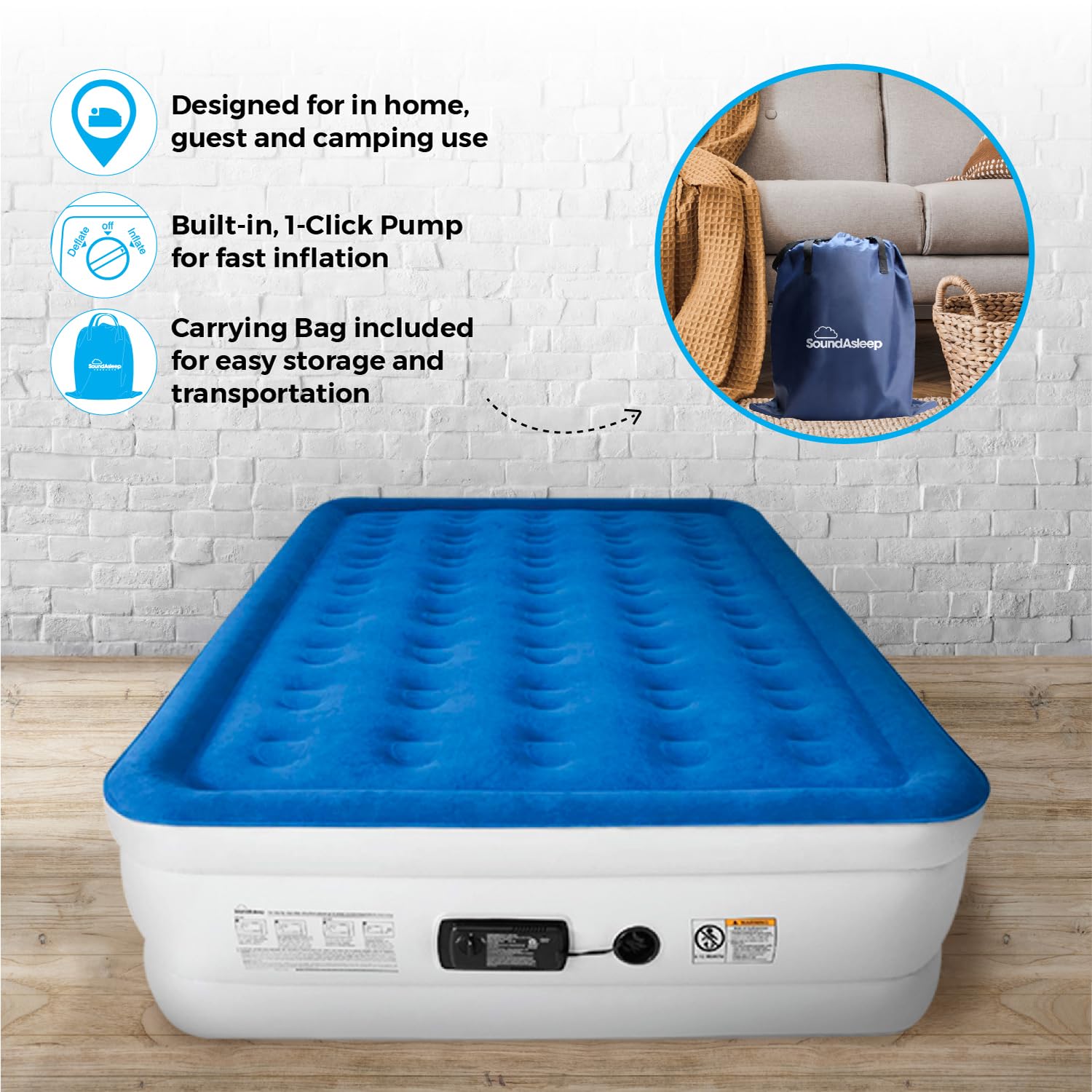 SoundAsleep Products Dream Series Luxury Air Mattress, ComfortCoil Technology, Built-in High Capacity Pump for Home, Camping- Double Height, Adjustable, Inflatable Blow Up, Portable (Queen Size) Blue Queen U2