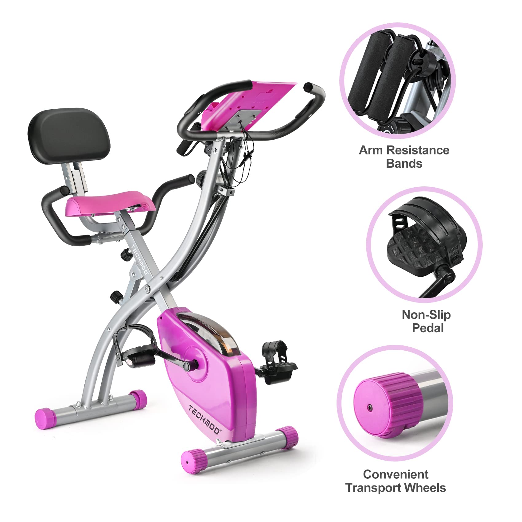 Folding Exercise Bike Portable Upright Adjustable Backrest Cycling Recumbent Stationary Bike Slim Indoor Workout Fitness Cardio Foldable Exercise Bicycle Machine with Pulse Sensor LCD Monitor Arm Backrest-Purple Bike Backrest-Purple Bike U1