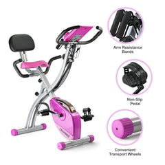 Folding Exercise Bike Portable Upright Adjustable Backrest Cycling Recumbent Stationary Bike Slim Indoor Workout Fitness Cardio Foldable Exercise Bicycle Machine with Pulse Sensor LCD Monitor Arm Backrest-Purple Bike Backrest-Purple Bike U1