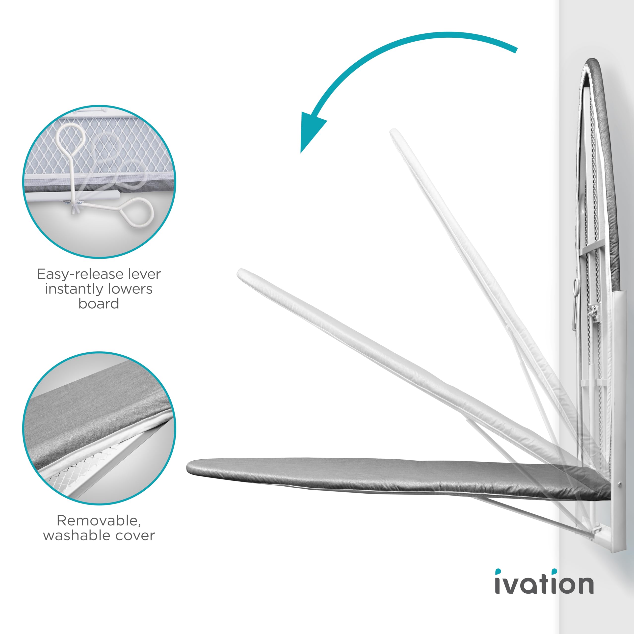 Ivation Wall-Mounted Ironing Board | Foldable 36.2” x 12.2” Ironing Station for Home, Apartment & Small Spaces | Sturdy Folding Board, Easy-Release Lever, Removable Cotton Cover & Mounting Hardware U1