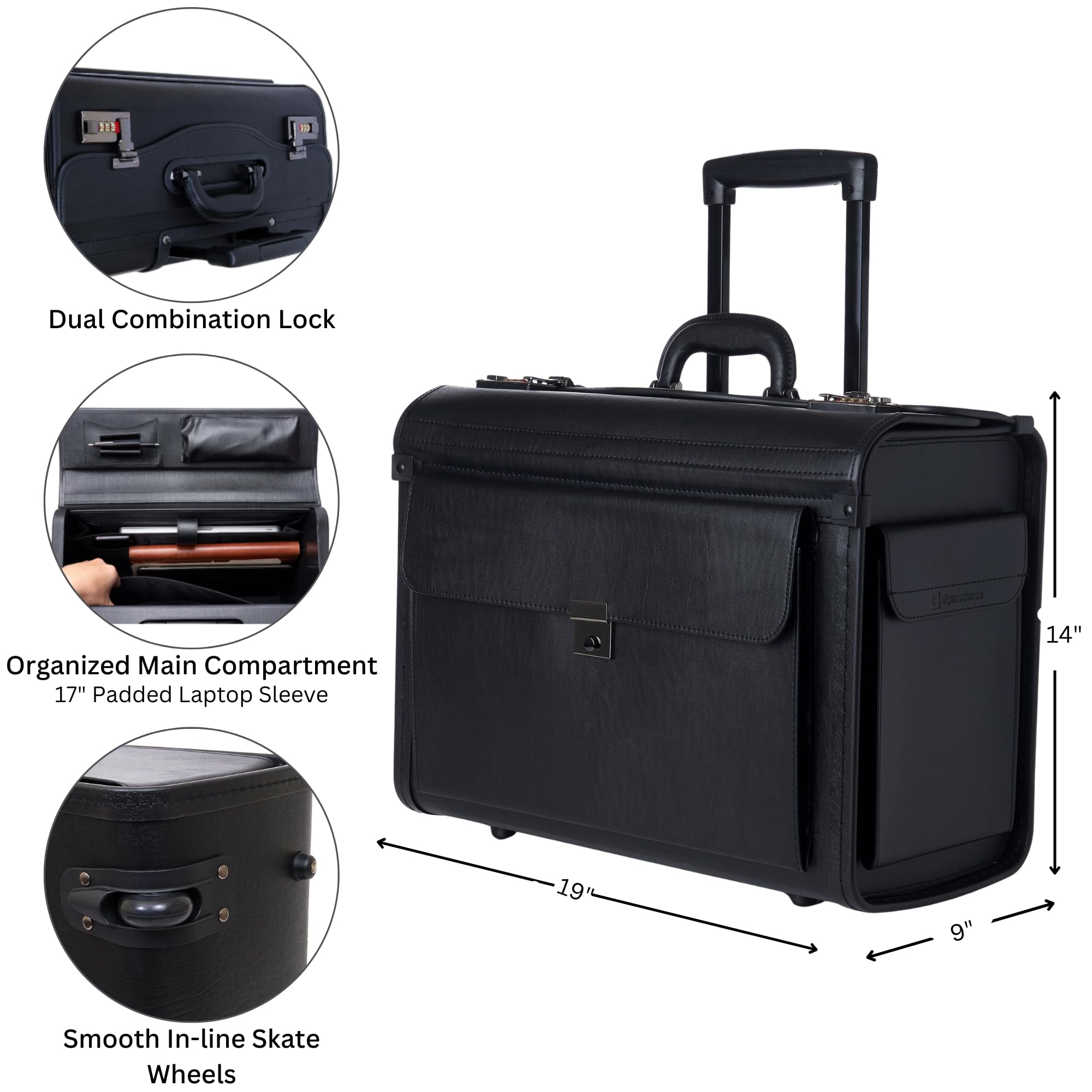 Alpine Swiss Rolling 17" Laptop Briefcase on Wheels Attache Lawyers Case Legal Size Black One Size U1