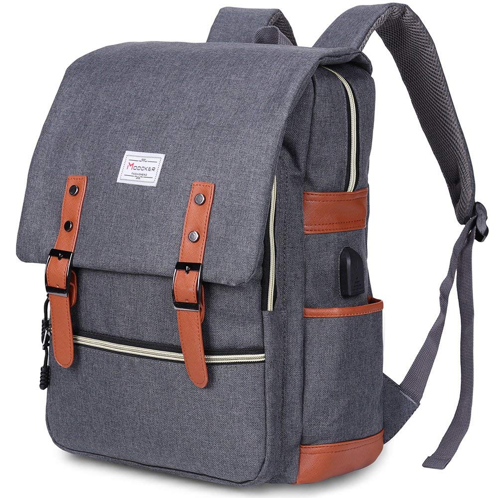 Modoker Vintage Laptop Backpack for Women Men,Travel Backpacks with USB Charging Port Fashion Backpack Fits 15.6Inch Notebook, Grey Grey 15.6 inch U1
