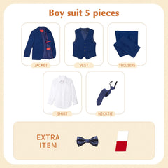 Plavict Boys' Suits Slim Fit 5 Piece, Adjustable Waist, Boys Formal Set Blue U1