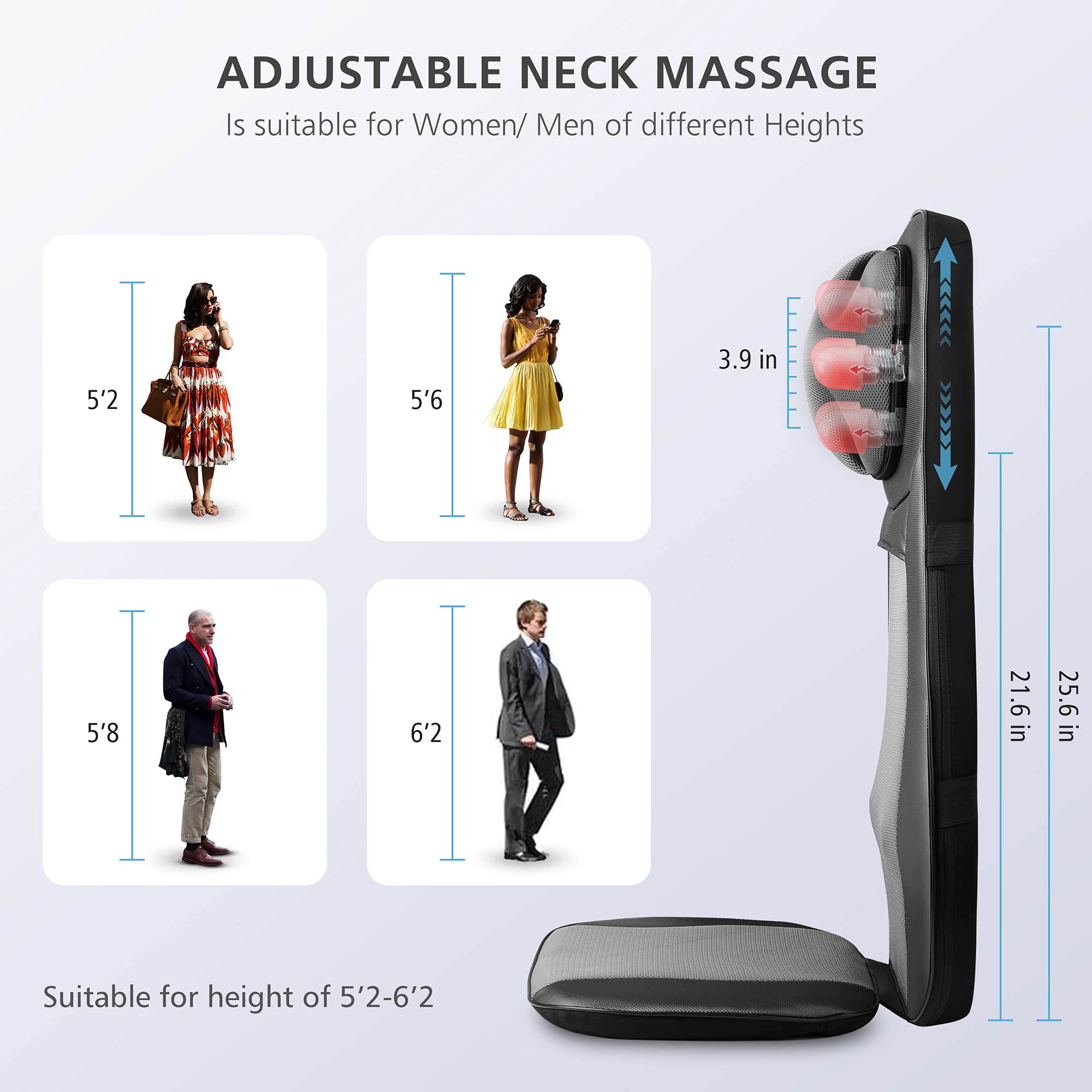 Snailax shiatsu Neck & Back Massager with Heat, Full Back Kneading Shiatsu or Rolling Massage, Massage Chair pad with Height Adjustment, Back Massager for Neck and Shoulder Grey and Black 1 Count (Pack of 1) U2