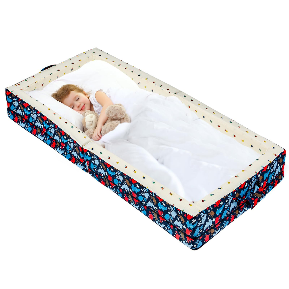 Umoving 100% Cotton Lining Portable Foldable Toddler Travel Bed - Soft Foam Floor Bed with Washable Cover, Safe and Comfortable Toddler Crib, Ocean Blue Ocean Blue  U1