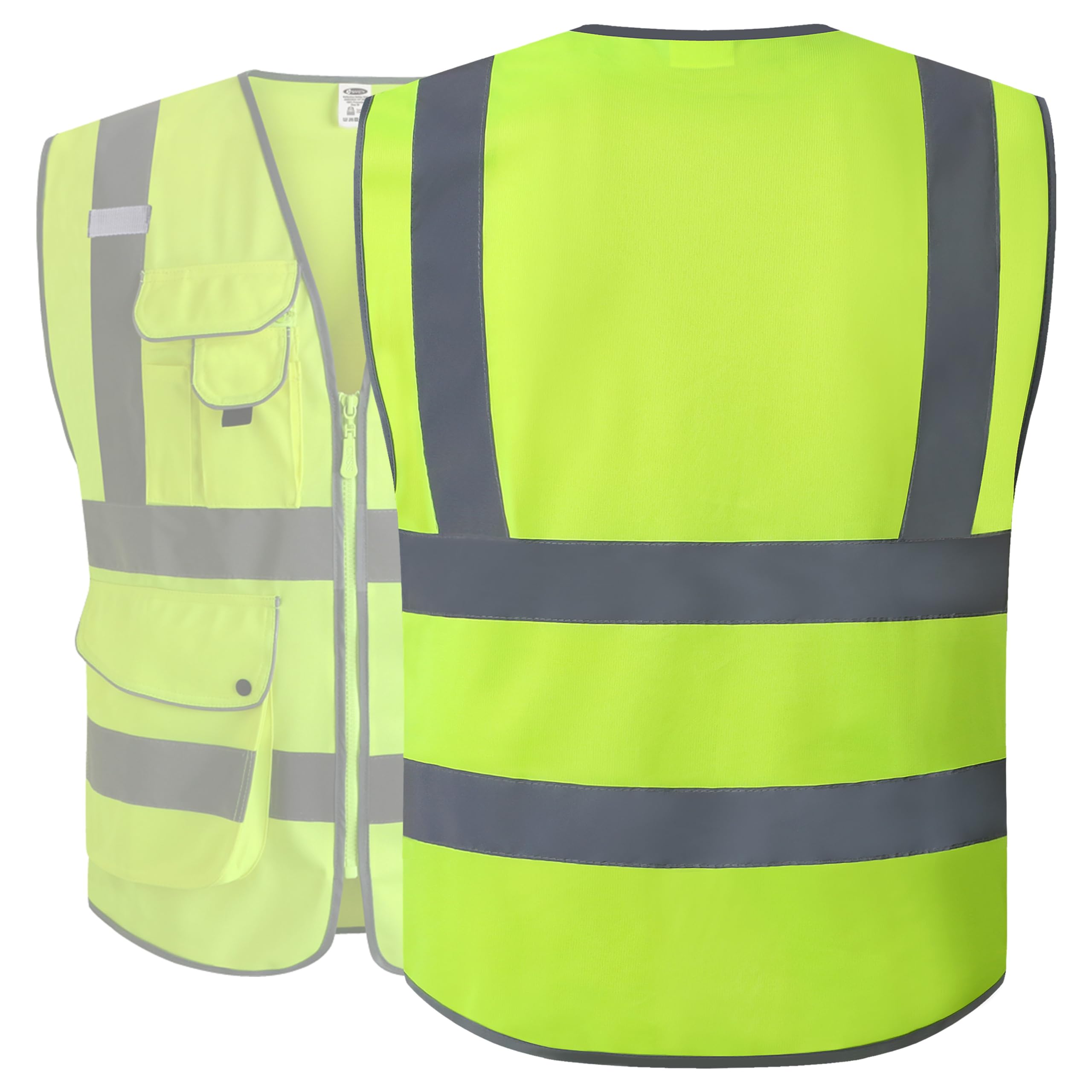 JKSafety 9 Pockets Class 2 High Visibility Zipper Front Safety Vest With Reflective Strips,Meets ANSI/ISEA Standard (Large, 150-Yellow) U1