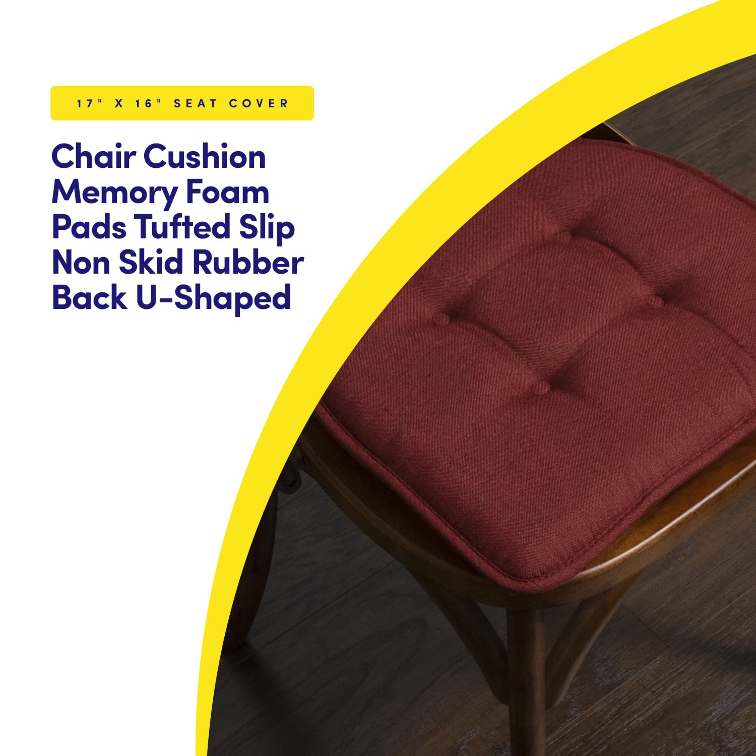 Sweet Home Collection Chair Cushion Memory Foam Pads Tufted Slip Non Skid Rubber Back U-Shaped 17" x 16" Seat Cover, 6 Pack, Wine Burgundy Wine Burgundy 6 Pack U1