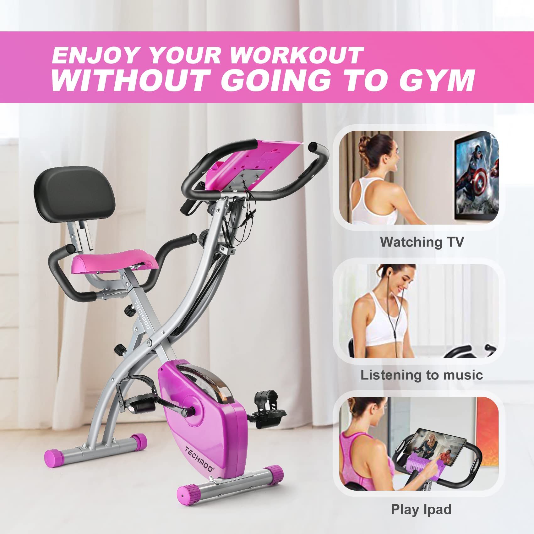 Folding Exercise Bike Portable Upright Adjustable Backrest Cycling Recumbent Stationary Bike Slim Indoor Workout Fitness Cardio Foldable Exercise Bicycle Machine with Pulse Sensor LCD Monitor Arm Backrest-Purple Bike Backrest-Purple Bike U1