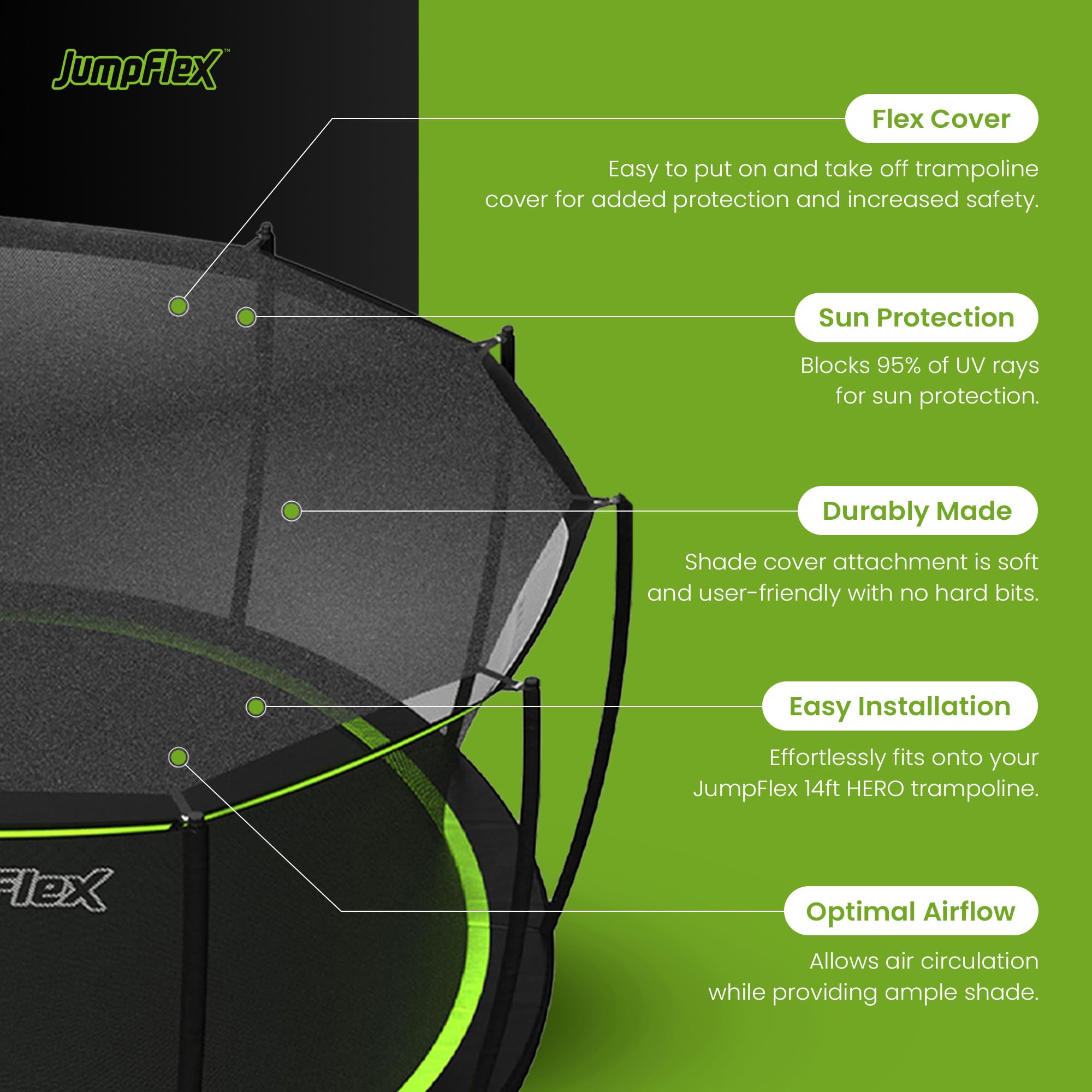 JumpFlex SMARTSHADE Soft Outdoor Trampoline Shade Canopy Cover for Sun Protection, Compatible with Hero 14' Model ONLY, Trampoline NOT Included, Black Black 14 FT U1