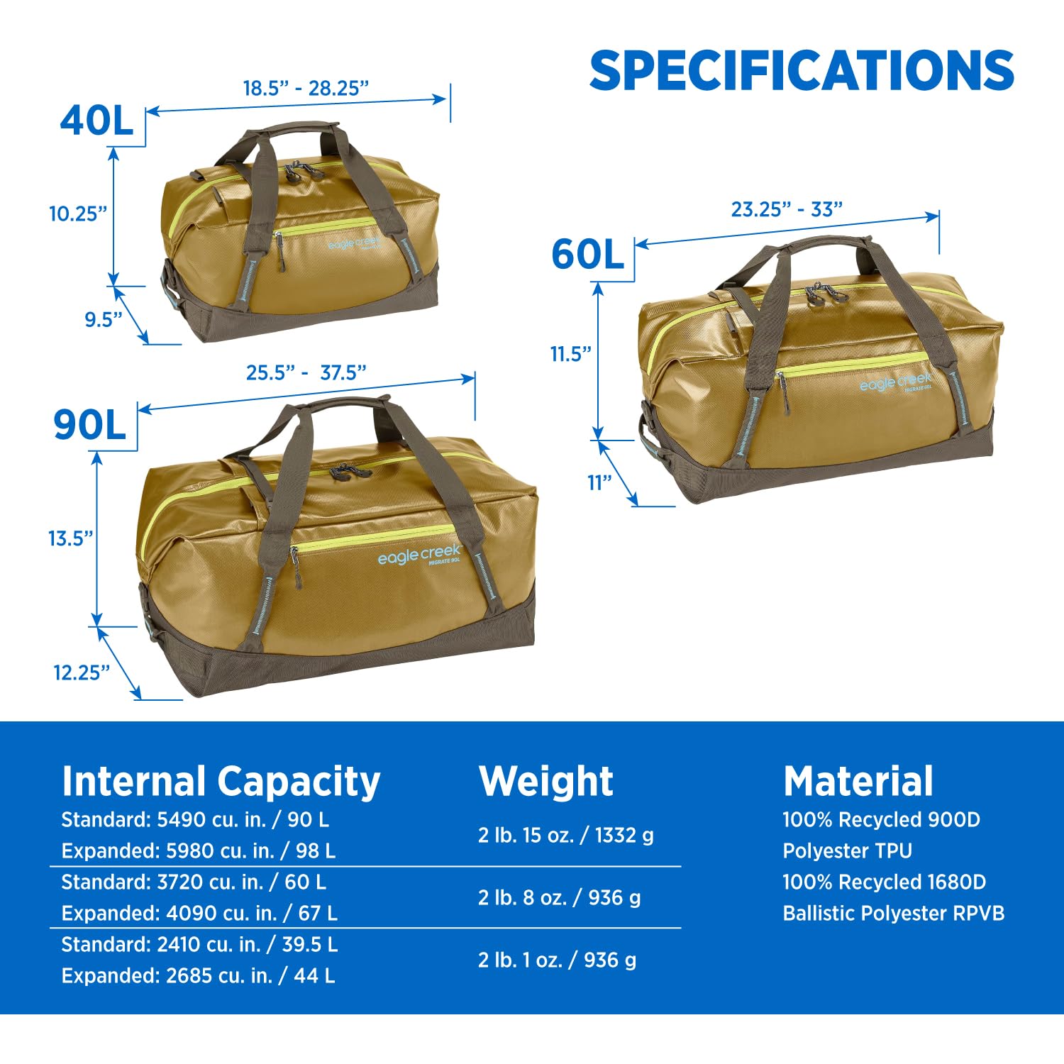 Eagle Creek Migrate 90L Travel Backpack Duffle Bag with Tuck-Away Backpack Straps, Full-Access Wide Mouth Opening & Seamless Bottom Bathtub Construction, Field Brown U1